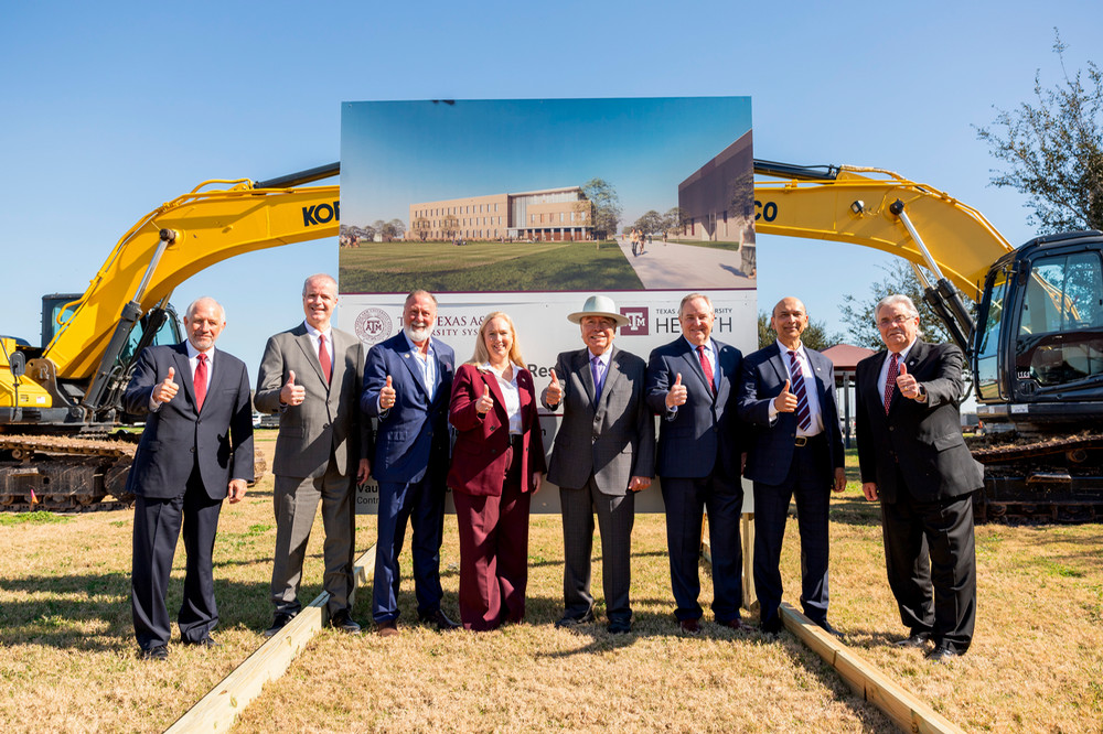 Texas A&amp;M and RGV leaders stand in front of future Nursing Education and Research Building site. 